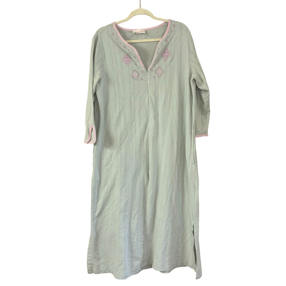 Stan Herman VTG Light Green Night Gown Robe Women’s L PJs Cottage Prairie Cotton